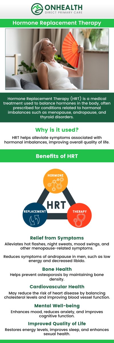 Hormone Replacement Therapy (HRT) is essential for alleviating disruptive symptoms caused by hormonal decline or imbalance—such as those experienced during menopause—helping to restore your body's natural harmony and improve your overall quality of life. This specialized treatment is provided by qualified medical professionals who have deep expertise in hormone health. Gary Seifert, APRN, FNP-C, is here to help by conducting comprehensive evaluations and continuous monitoring to craft a safe, personalized HRT plan tailored specifically to your unique biological needs and wellness goals. For more information, contact us or schedule an appointment online. We are conveniently located at 11590 Black Forest Rd #10, Colorado Springs, CO 80908.