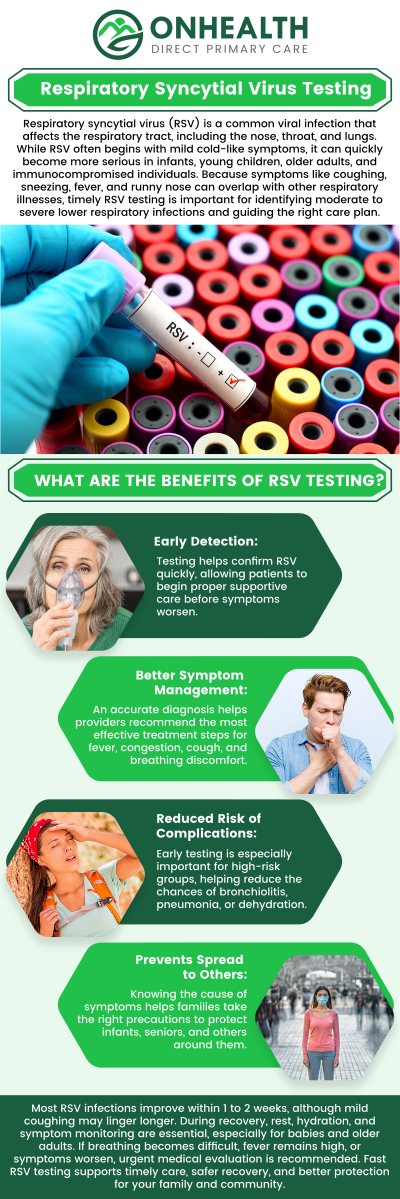 Common questions asked by patients: What is RSV testing? Why would I need an RSV test? How is the RSV test performed? Who should get tested for RSV? For more information, contact us or schedule an appointment online. We are conveniently located at 11590 Black Forest Rd #10, Colorado Springs, CO 80908.