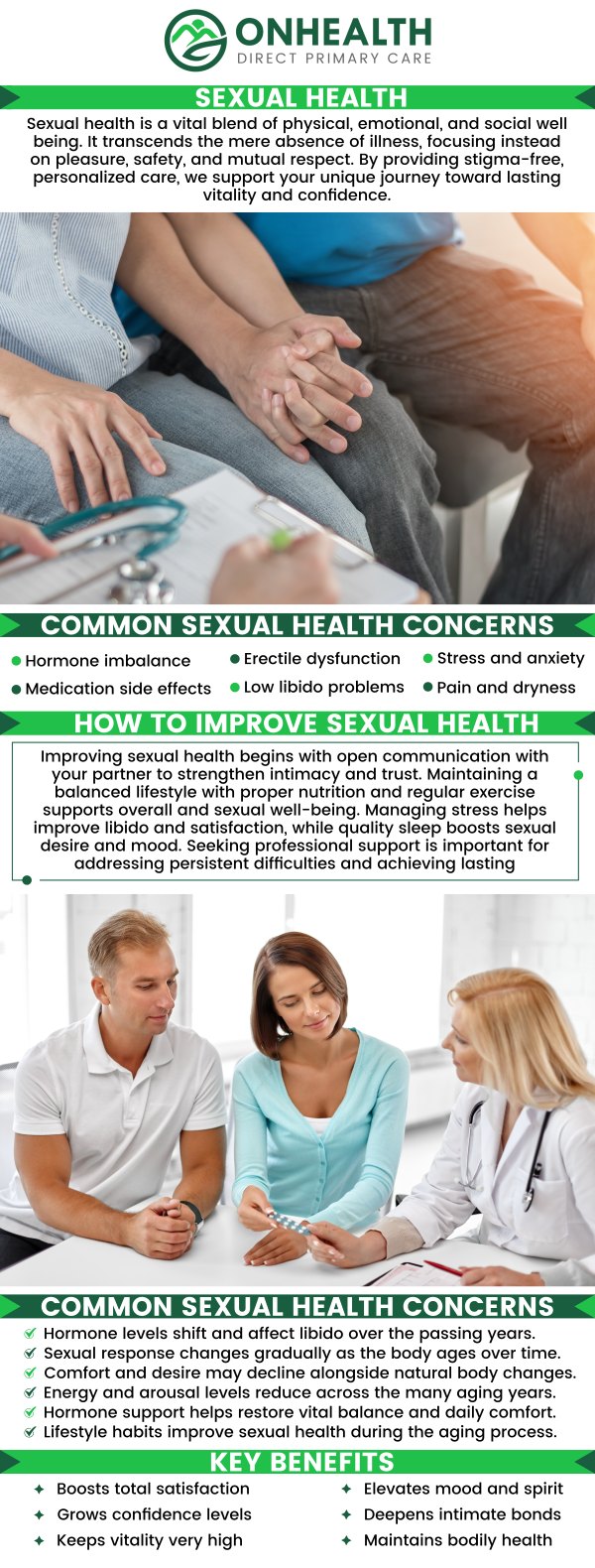 Common questions asked by patients: What are sexual health services? Do I need an appointment for sexual health services? What happens during a sexual health evaluation? Do you offer hormone evaluation for sexual health? For more information, contact us or schedule an appointment online. We are conveniently located at 11590 Black Forest Rd #10, Colorado Springs, CO 80908.