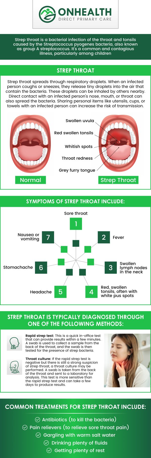 Common questions asked by patients: What is a strep throat test? How long does the test take? When should I get tested for strep throat? How soon will I know if I have strep throat? For more information, contact us or schedule an appointment online. We are conveniently located at 11590 Black Forest Rd #10, Colorado Springs, CO 80908.