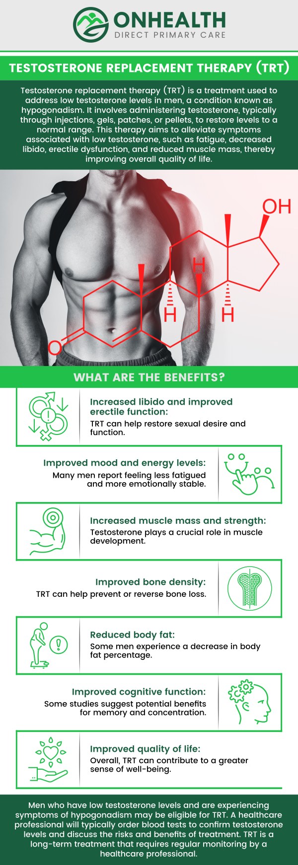 Testosterone is a vital hormone that plays a crucial role in maintaining muscle mass, bone density, energy levels, and sexual health, making its proper balance essential for overall vitality and well-being. Obtaining testosterone replacement therapy (TRT) requires a careful medical evaluation, followed by a prescription from a qualified healthcare provider. Gary Seifert, APRN, FNP-C, at OnHealth guides you through every step of this journey, offering precise diagnostic testing and continuous professional oversight to safely deliver a customized TRT regimen tailored to your body's unique needs. For more information, contact us or schedule an appointment online. We are conveniently located at 11590 Black Forest Rd #10, Colorado Springs, CO 80908.